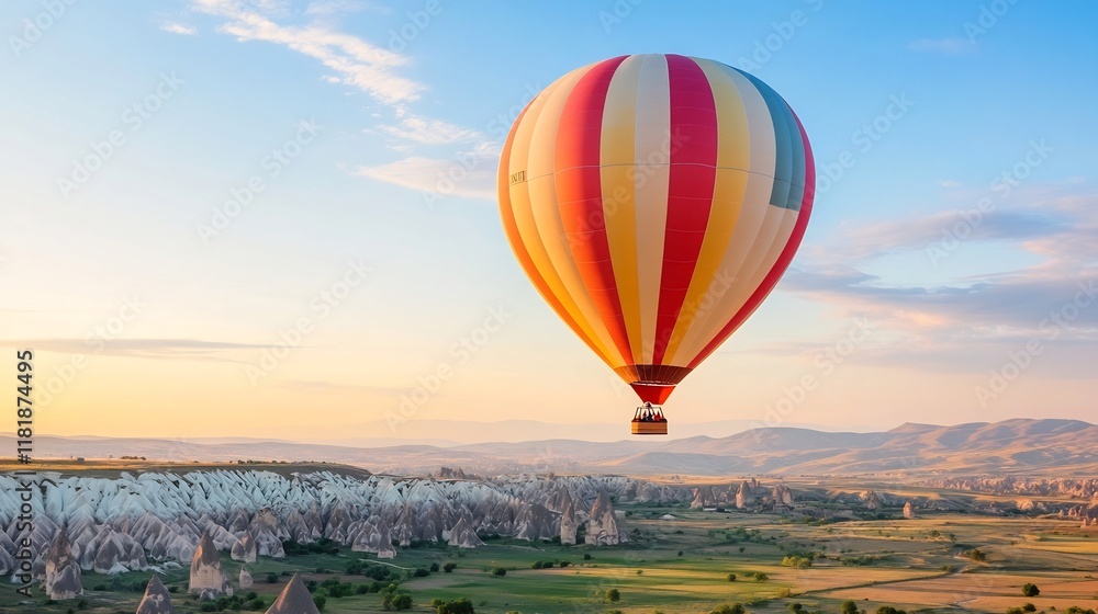 Fototapeta premium Vibrant Hot Air Balloon Soaring Over Stunning Rural Landscape at Sunset