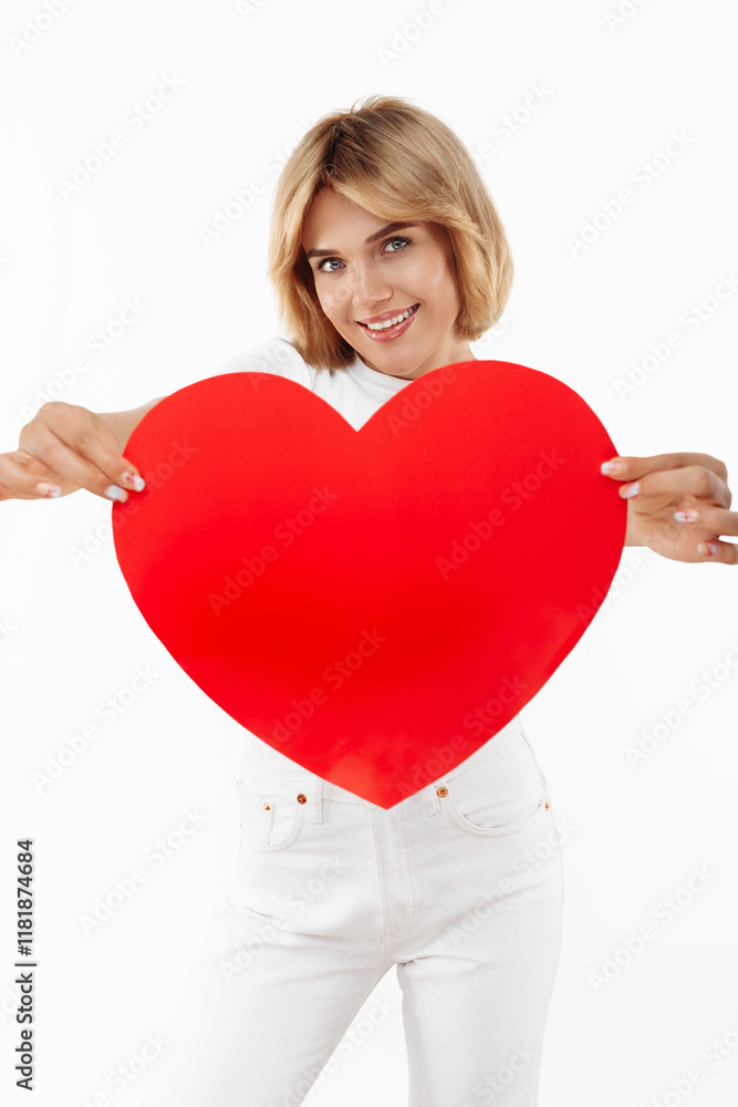 Charming young blonde woman in casual white outfit holding paper heart over white background. Charming young blonde woman in casual white outfit holding paper heart over white background.