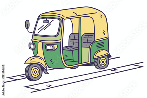 Auto rickshaw, tuk-tuk, three-wheeler taxi, green and yellow vehicle, Indian transportation, urban commute, compact design, cartoon style, vector illustration, side view, white background, transportat