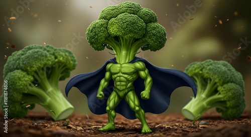 Wallpaper Mural Image is a digital artwork featuring a stylized, anthropomorphic broccoli character. The character has a muscular, human-like body with a vibrant green skin tone, resembling a superhero. Torontodigital.ca