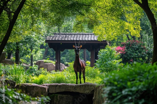 Saola, often referred to as the Asian unicorn, standing gracefully in a lush forest, displaying its distinctive horns and elusive beauty in its natural habitat. photo