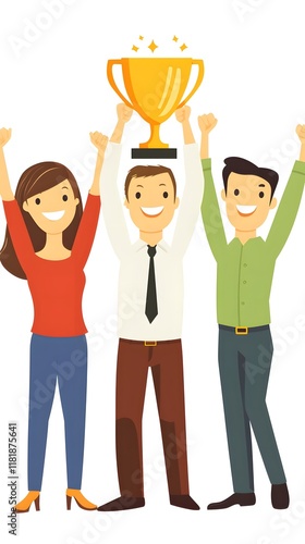 Illustration of peoples holding up the trophy and celebrating success together, flat design vector illustration style