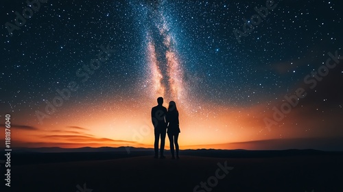 A couple gazes at the starry night sky, embracing the beauty of the universe together. photo