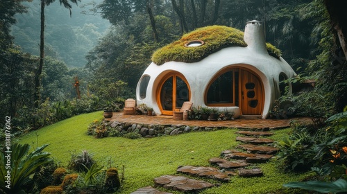 A small, quirky dome-shaped house in a lush green forest.