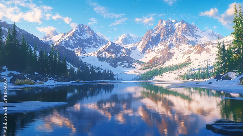 Fototapeta premium A picturesque mountain landscape reflecting in a serene lake under a vibrant sky.