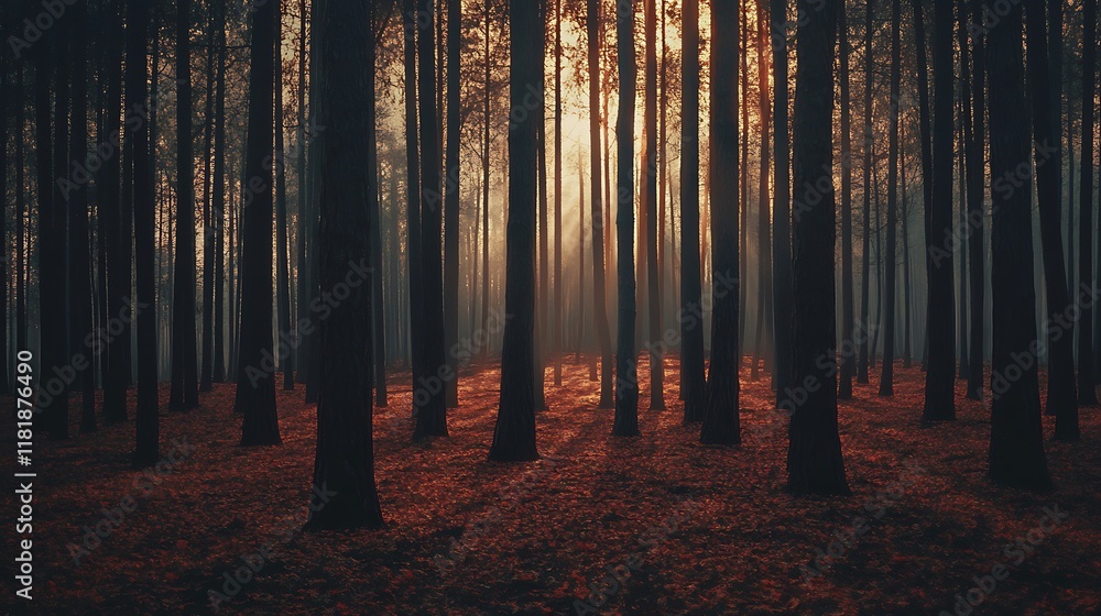 Obraz premium Sunlight through misty autumn forest.