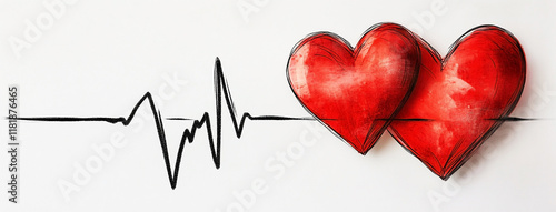 Two vibrant red heart shapes are joined together on a clean white background.  heartbeat line is illustrated, copy space available. rhythm of shared emotions and connection.