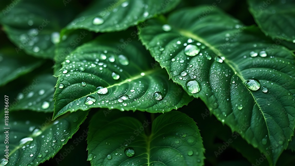 Green leaves background, water drops are on the leaves after a rainy day Green leaves background, water drops are on the leaves after a rainy day