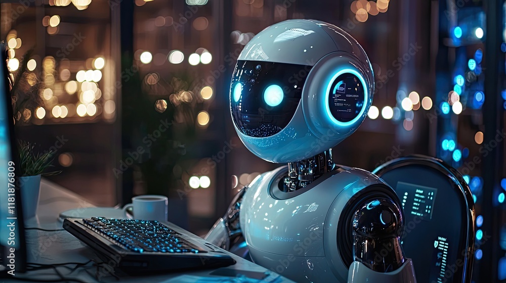 White futuristic robot with glowing blue eyes in a modern setting. Artificial intelligence and robotics concepts. Technology and innovation in focus. Generative by AI. White futuristic robot with glowing blue eyes in a modern setting. Artificial intelligence and robotics concepts. Technology and innovation in focus. Generative by AI.