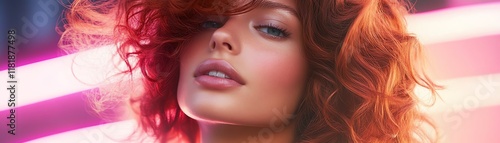 Synthetic wig styled in loose ringlets, deep auburn shade, glowing softly against a velvety black backdrop