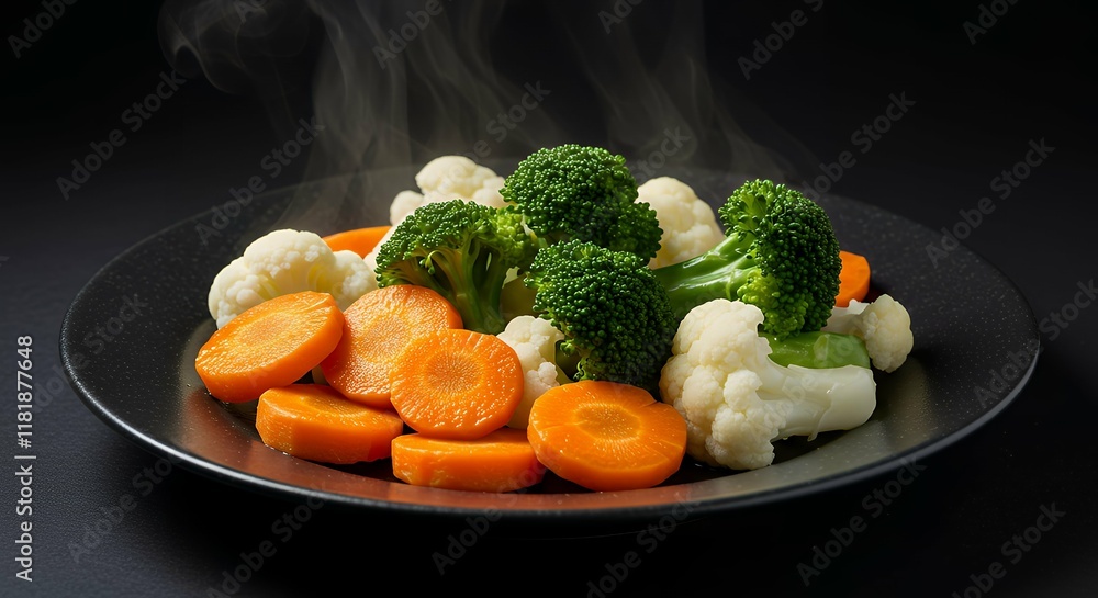 High-resolution photograph featuring a close-up view of a steaming plate of mixed vegetables. The layout is centered, with the focus on the vibrant colors of the vegetables against a dark background. High-resolution photograph featuring a close-up view of a steaming plate of mixed vegetables. The layout is centered, with the focus on the vibrant colors of the vegetables against a dark background.