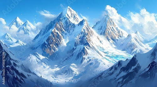 Breathtaking snow-capped mountains under a clear blue sky, showcasing natural beauty.