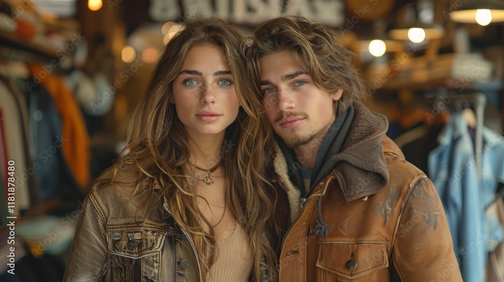 Portrait of a Young Couple in Leather Jackets Looking at the Camera Portrait of a Young Couple in Leather Jackets Looking at the Camera