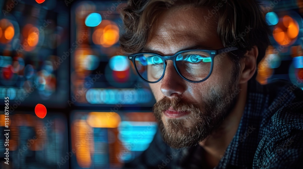 Portrait of a Bearded Man with Glasses in Front of the Monitor Portrait of a Bearded Man with Glasses in Front of the Monitor