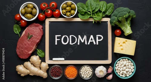 Vibrant and colorful flat lay image featuring a variety of fresh ingredients arranged around a central black chalkboard with the word 'FODMAP' written in bold, white chalk-style lettering.