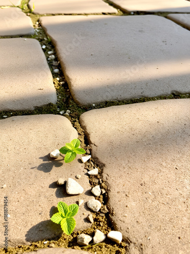 A few tiny stones and a smattering of fresh mint leaves on a stone patio photo