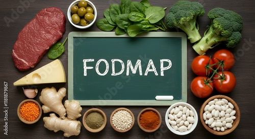 Vibrant and colorful flat lay image featuring a variety of fresh ingredients arranged around a central black chalkboard with the word 'FODMAP' written in bold, white chalk-style lettering.