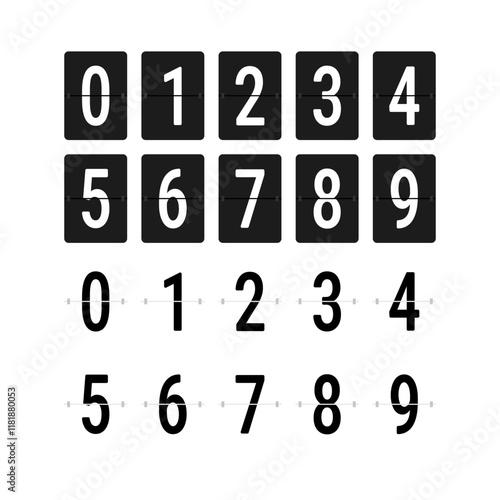 Number 0-9 letters flip board isolated icon. Black and white airport scoreboard display panel.
