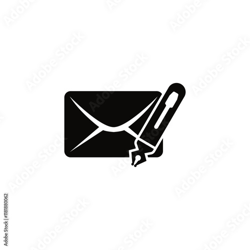 Sleek black vector icon depicting an envelope and pen for email correspondence.