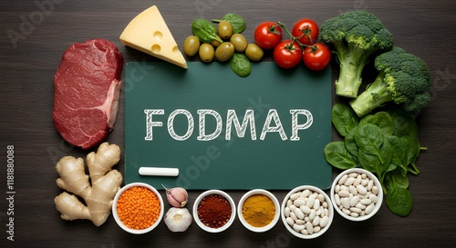  Vibrant and colorful flat lay image featuring a variety of fresh ingredients arranged around a central black chalkboard with the word 'FODMAP' written in bold, white chalk-style lettering.