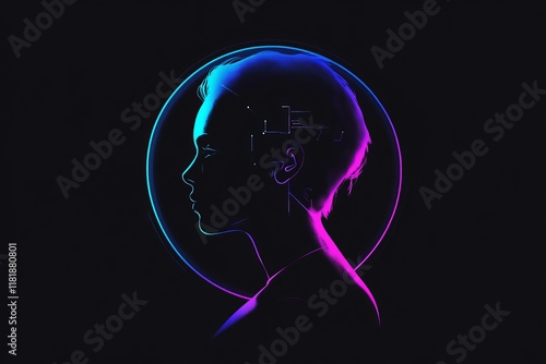 a symbol logo, A symbol of a cyberpunk silhouette of a person. blue and purple symbol color, black background photo