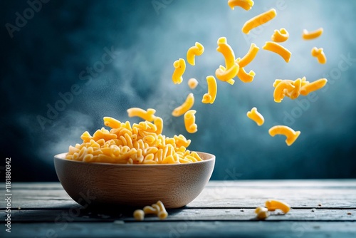 Delicious macaroni swirling in the air above a wooden bowl on a rustic table photo