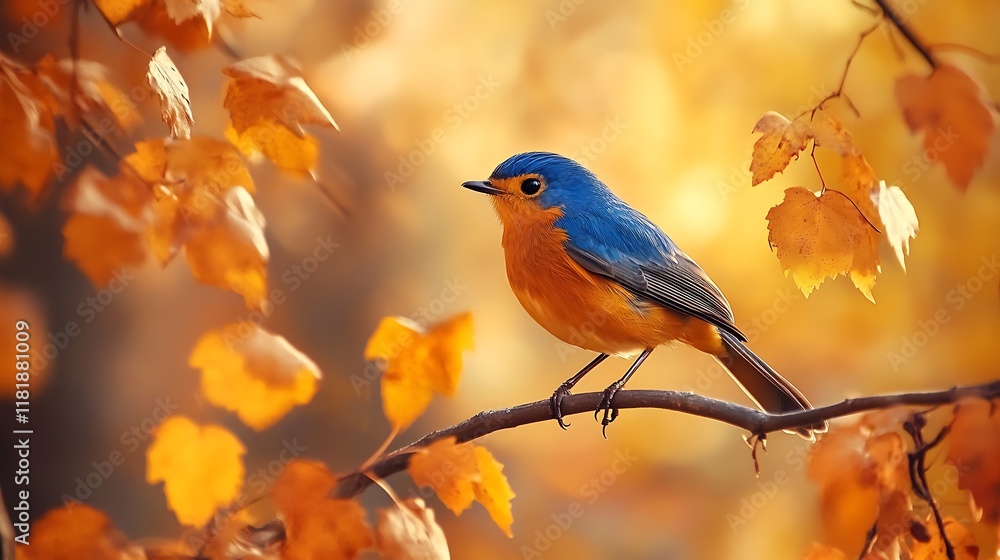 Vivid blue and orange bird perched on autumn branch amidst golden leaves. Vivid blue and orange bird perched on autumn branch amidst golden leaves.