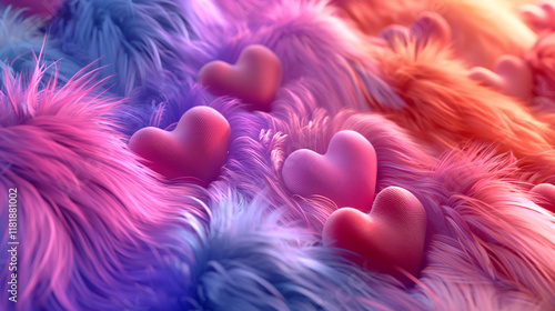 3D fur texture heart-shaped, colorful wallpaper for mobile phone screens, vibrant and detailed, showcasing the softness of the hearts with a playful design aesthetic.