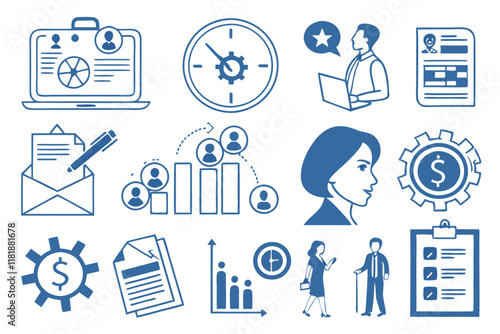Blue and white icons, human resources symbols, business management graphics, employee icons, document icons, finance symbols, recruitment imagery, workplace concepts, organizational chart icons, profe