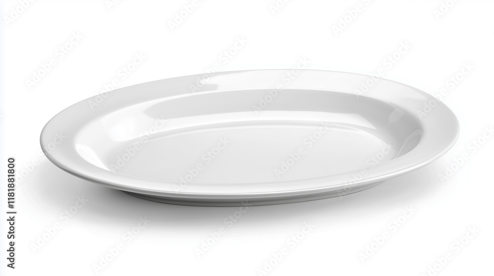 Glossy white serving platter with classic round edges, white backdrop Glossy white serving platter with classic round edges, white backdrop