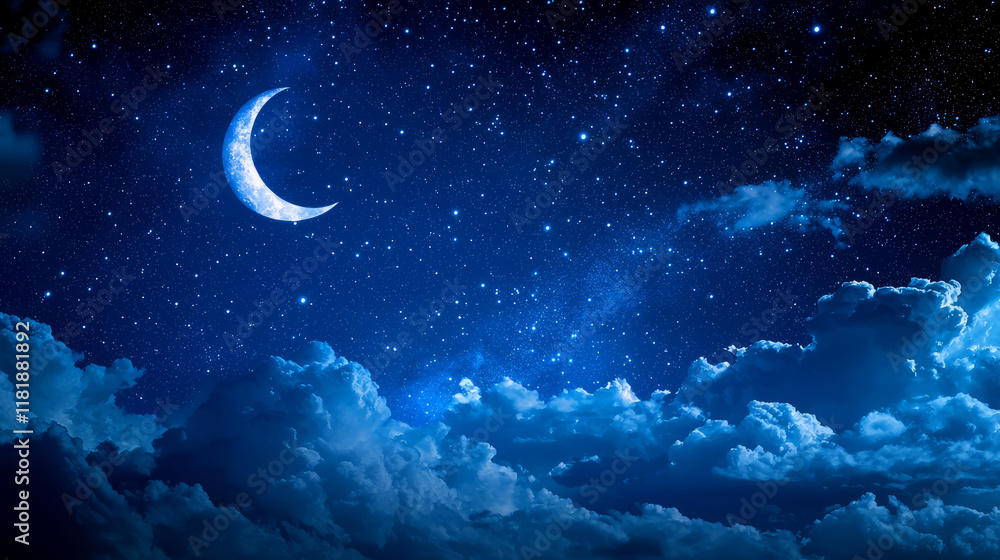 Night sky with moon, stars, and clouds glowing in blue tones Night sky with moon, stars, and clouds glowing in blue tones