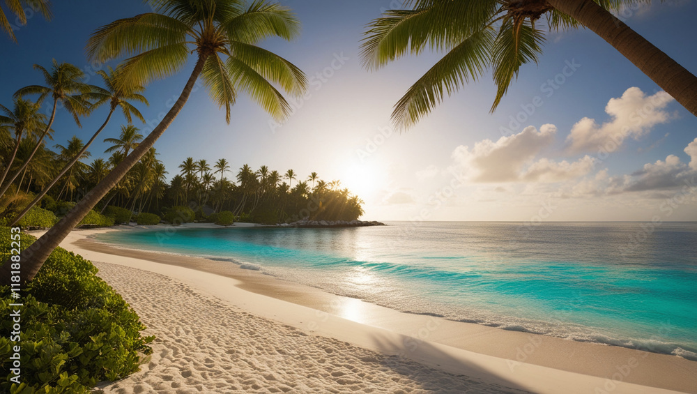 Obraz premium Beach with palm trees. Idyllic tropical beach with turquoise water.