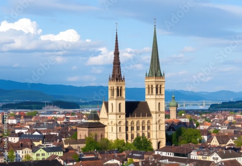 Panorama of Fraumuenster church and in Zuerich, Switzerland