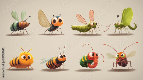 Cartooned insects set with bee, wasp, hornet, caterpillar, grasshopper, ladybug, fly, worm, butterfly, dragonfly, ant, spider and bug