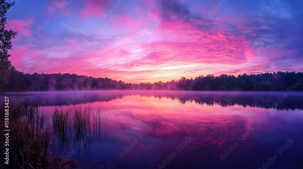 Fototapeta premium Sunrise Over Calm Lake with Forest and Colorful Sky