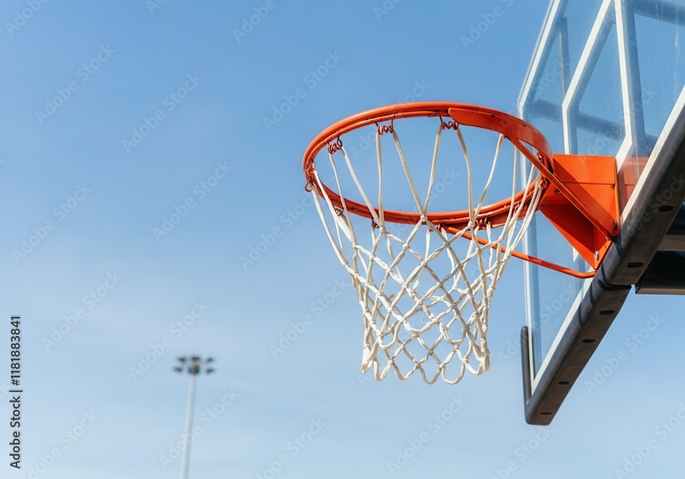 Basketball hoop and backboard against a clear blue sky, ready for a game on a sunny day Basketball hoop and backboard against a clear blue sky, ready for a game on a sunny day