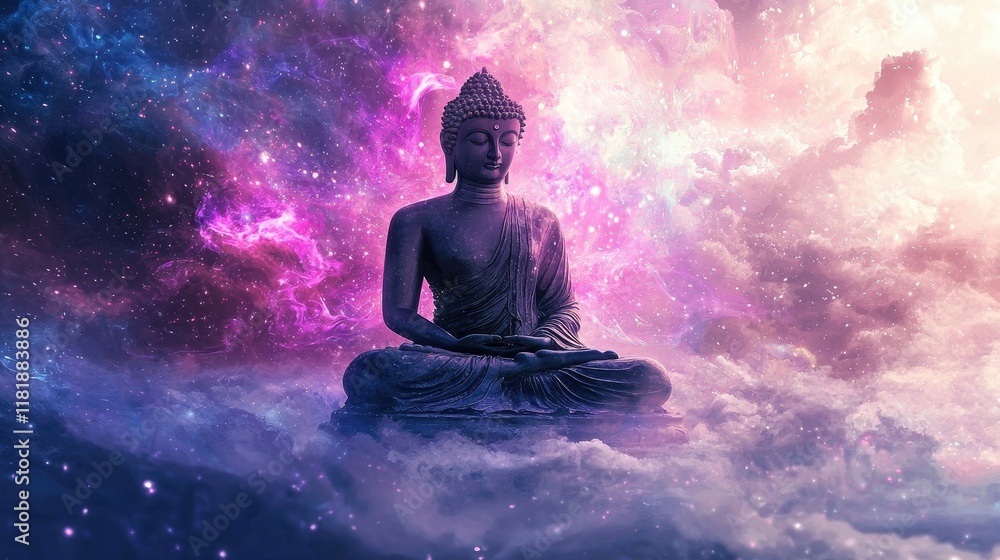Fiery Buddha statue surrounded by glowing flames and cosmic clouds. Enlightenment and spiritual strength in a dramatic, celestial scene. Generative by AI Fiery Buddha statue surrounded by glowing flames and cosmic clouds. Enlightenment and spiritual strength in a dramatic, celestial scene. Generative by AI