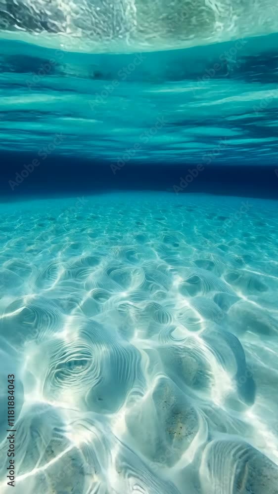 Crystal clear underwater scene captures tranquil ocean floor with sunlit patterns moving gently across the sandy surface Crystal clear underwater scene captures tranquil ocean floor with sunlit patterns moving gently across the sandy surface
