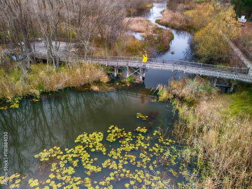 Wooden Footbridge Over a Serene Autumn River. Acarlar Longozu High-angle view of a weathered wooden footbridge spanning a tranquil river, winding through a lush autumnal landscape. Sakarya Adapazari  photo