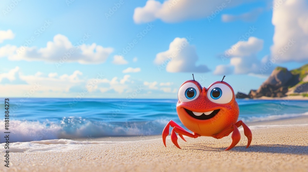 Obraz premium Adorable Cartoon Crab on a Sunny Beach