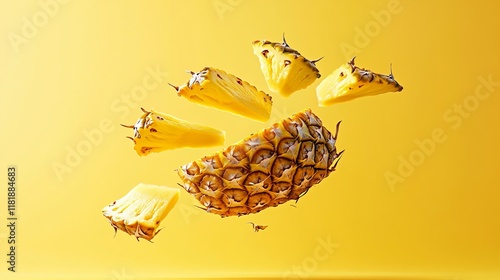 Vibrant Pineapple Slices in Flight: A Tropical Fruit Feast photo