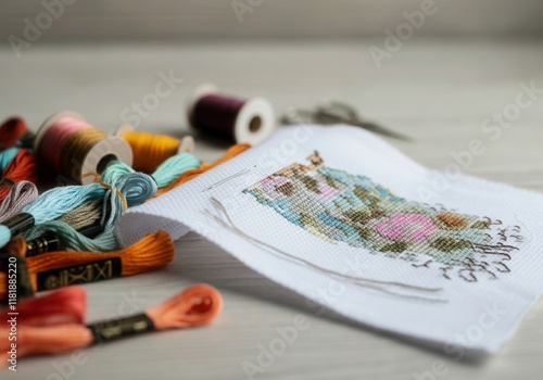 Cross-stitch embroidery with needle and colorful threads lying on a white table, showcasing the art of needlework photo