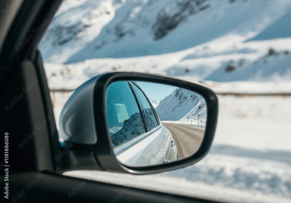 Car driving on a snowy mountain road with the reflection of the landscape in the side view mirror Car driving on a snowy mountain road with the reflection of the landscape in the side view mirror