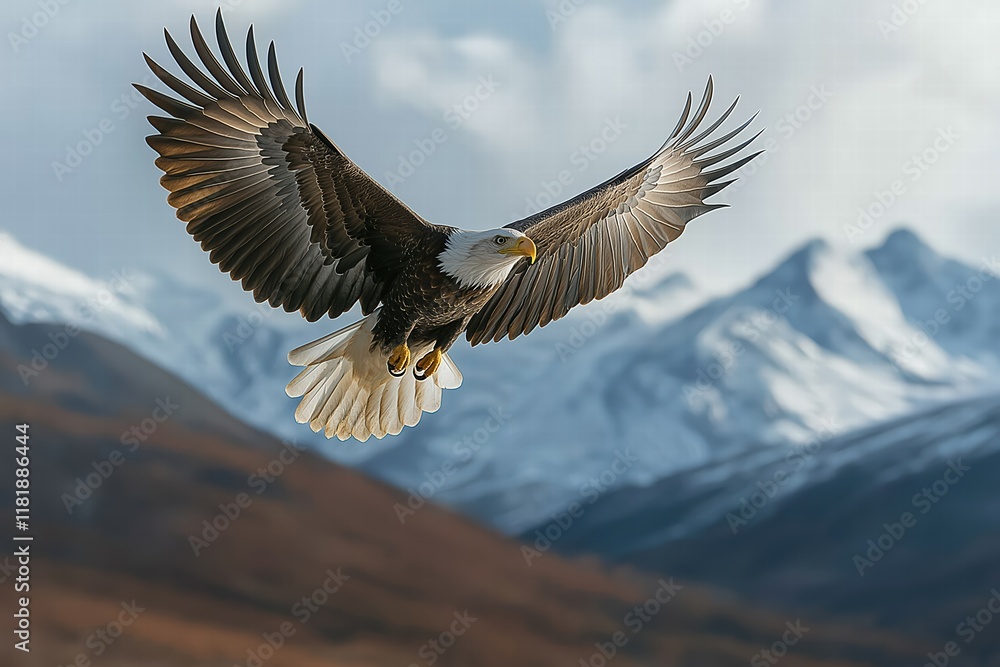 Fototapeta premium Majestic eagle soars above snow-capped mountains during a clear day in nature's wilderness