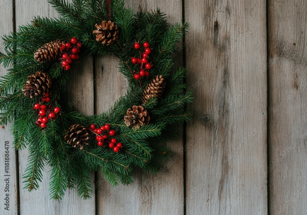 Beautiful christmas wreath with pine cones and red berries hanging on a rustic wooden door, creating a festive atmosphere Beautiful christmas wreath with pine cones and red berries hanging on a rustic wooden door, creating a festive atmosphere