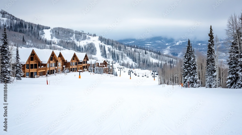 Naklejka premium Picturesque Ski Resort with Mountain Lodge and Ski Lift in Winter Wonderland