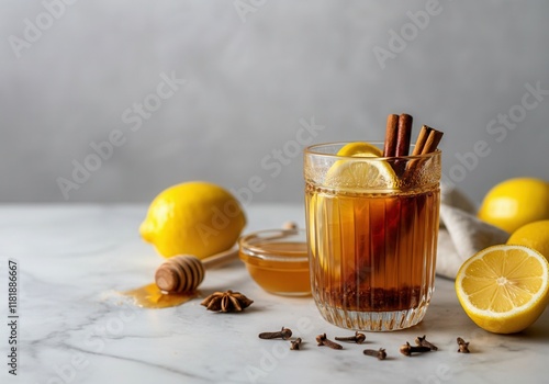 Soothing hot toddy cocktail is prepared with cinnamon sticks, honey, lemon slice and cloves