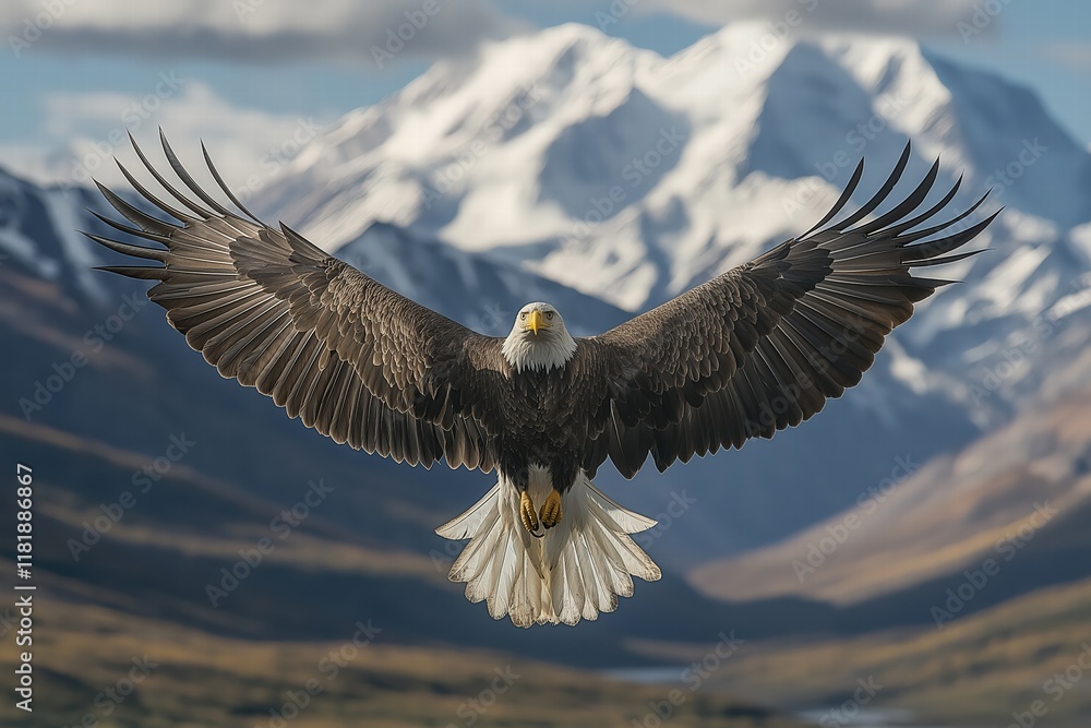 Naklejka premium Bald eagle soaring over snow-capped mountains during clear daylight in a vast wilderness area
