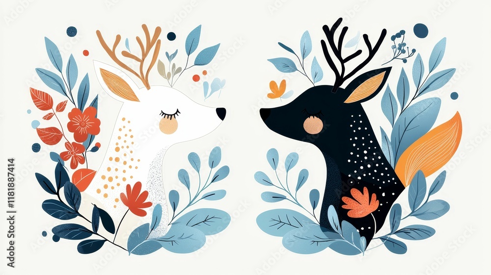 Valentine's Day and Chinese New Year concept. Colorful illustrated animals in nature, featuring a deer and a fox with foliage. Valentine's Day and Chinese New Year concept. Colorful illustrated animals in nature, featuring a deer and a fox with foliage.