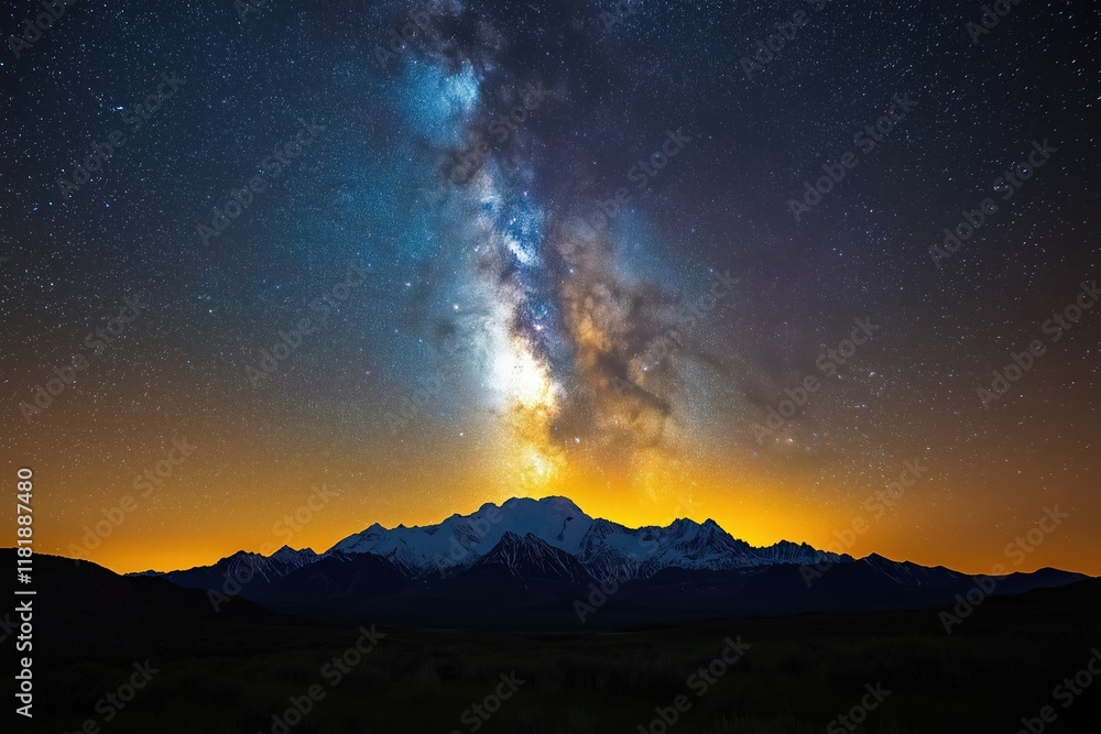 Starry night sky over mountain range with vibrant Milky Way in clear atmosphere Starry night sky over mountain range with vibrant Milky Way in clear atmosphere